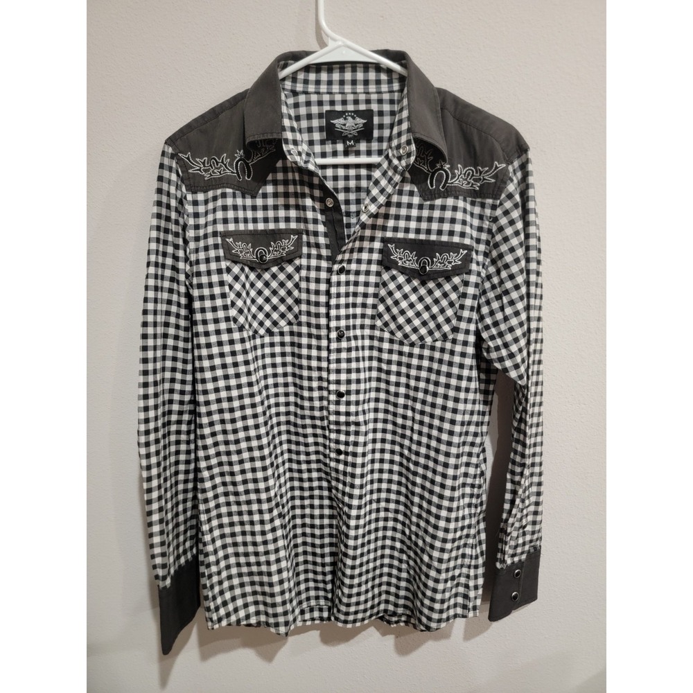 El General Sz‎ M Western Cowboy Shirt Pearl Snap Black White Checker Embroidered